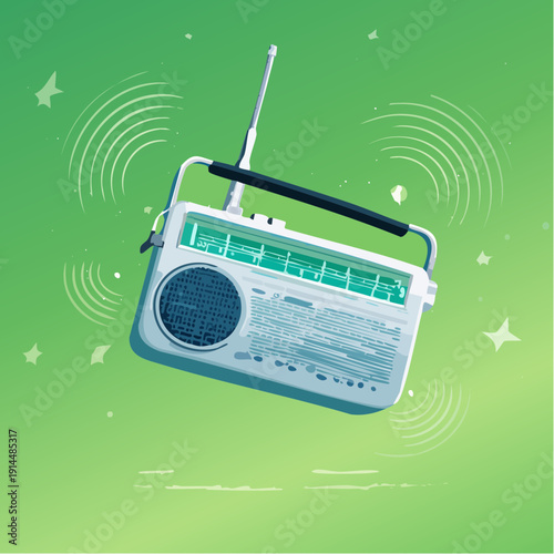 Vintage radio with leaves and coins on a green background emits sound waves