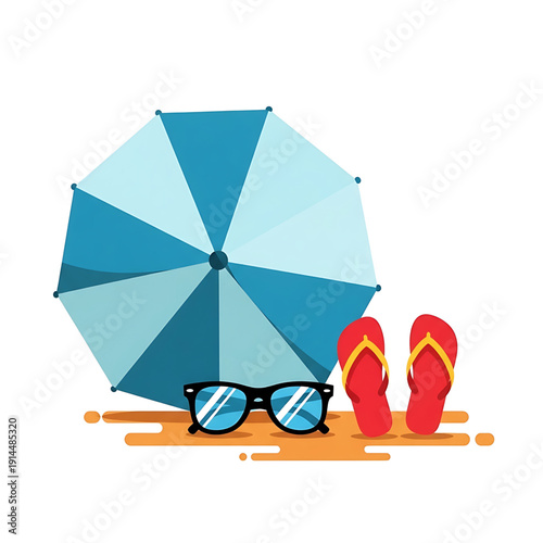 Beach Scene with Umbrella sunglasses and flip flops
