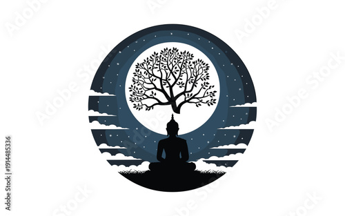 A serene Buddhist monk meditating under a tree in a peaceful night scene with a full moon