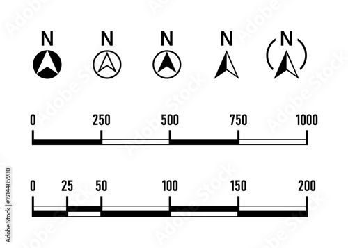 Basic Black Round North Mark Arrow Sign Symbol in Circle and Scale Icon and Linear or Bar Scale Cartography Set for Map or Site Plan Orientation. Vector Image.