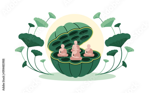 A serene vector illustration of three meditating buddha statues sitting inside a green lotus flower with leaves and a bright background