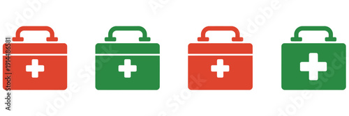 First aid box icon in red and green, medical aid kit bag icon, first aid kit and medical case icon pack, vector illustrations of healthcare symbols, medicine bags, and briefcases