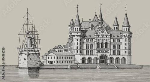 vintage ship and building illustration, architectural design