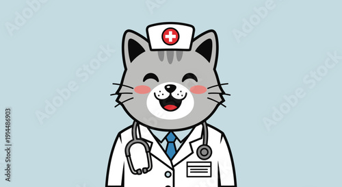 Cartoon Cat Doctor Wearing White Coat Stethoscope.