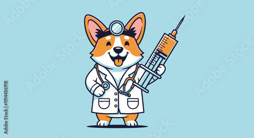 Cartoon Corgi Doctor with Syringe and Stethoscope.