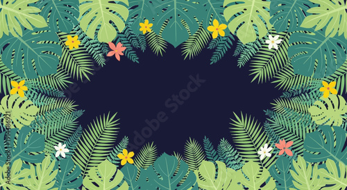 tropical leaves frame, floral border, dark background