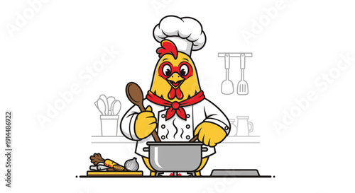 Cartoon Chicken Wearing Chef Hat and Uniform.