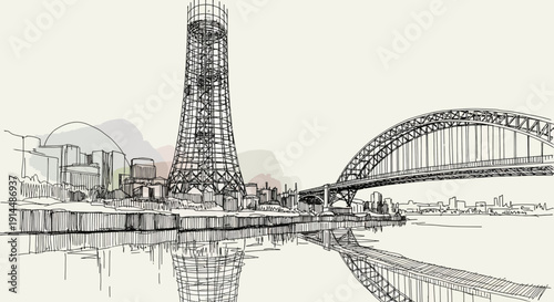 Newcastle cityscape sketch with Tyne Bridge and modern tower