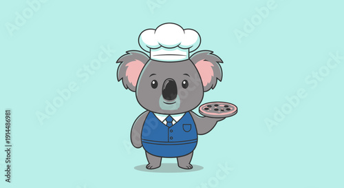 Cartoon Koala Chef Holding Pizza Illustration.