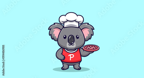Cartoon Koala Chef Holding Pizza.