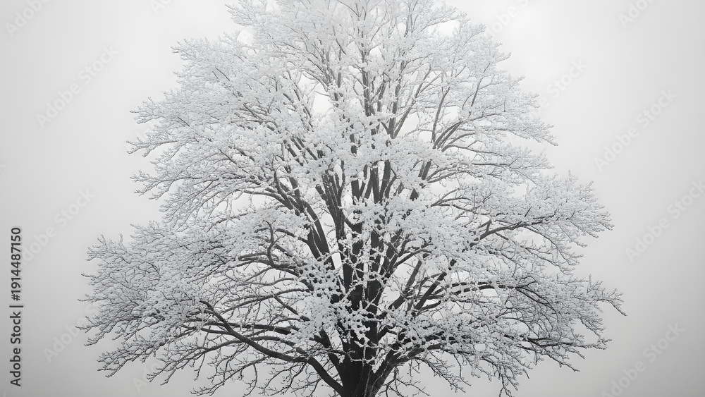 Obraz premium Snow-covered tree branches stretching upwards in a winter landscape photograph