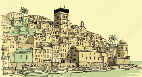 coastal town illustration, buildings on a hill, harbor view