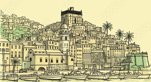 coastal town illustration, buildings, boats, harbor, sketch, drawing