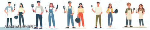 vector of couple standing next to each other holding kitchen tools