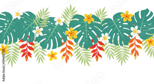 tropical leaves and flowers border, floral design, summer background