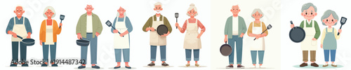 vector of old couple standing next to each other holding kitchen tools
