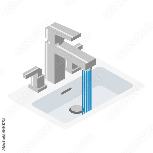 3D illustration of a modern faucet with running water in a sink.