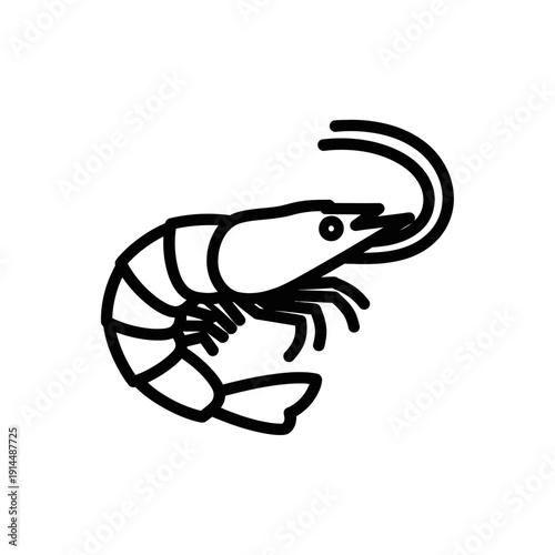 Minimalist Illustration of a Shrimp in Black Outline for Marine and Seafood Themes