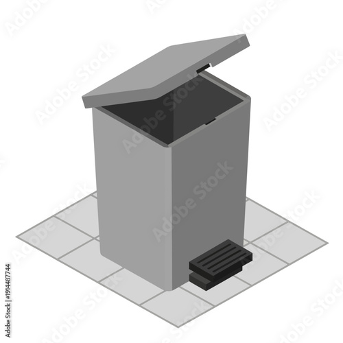 3D rendered gray trash can with open lid and foot pedal on a tiled floor.