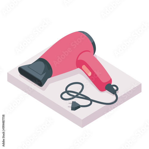 Pink hair dryer on a white surface with a power cord.