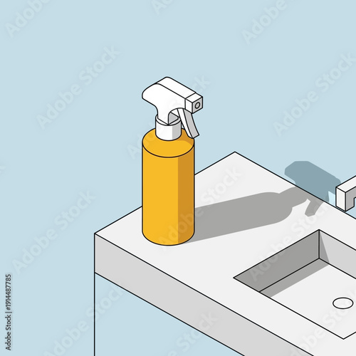 3D illustration of a yellow spray bottle on a bathroom counter.