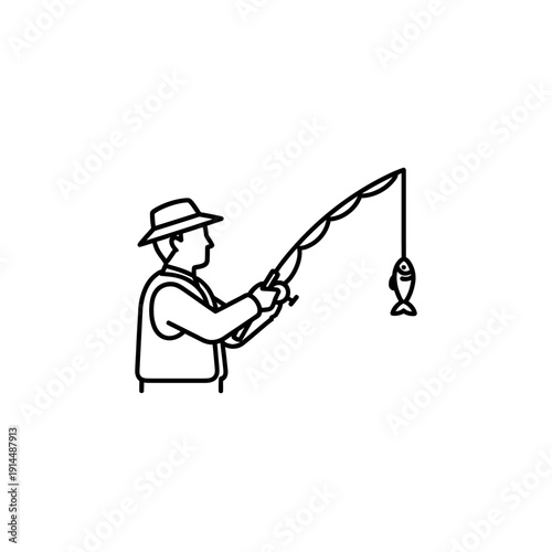 Minimalist Line Drawing of a Person Fishing with a Fish on the Hook