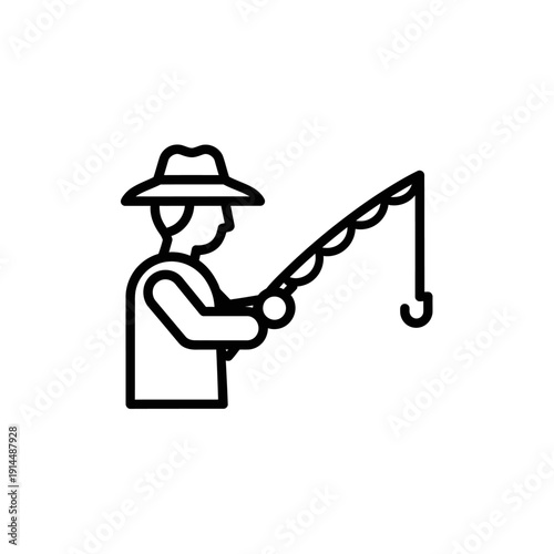Minimalist Line Drawing of a Person Fishing with a rod and cap
