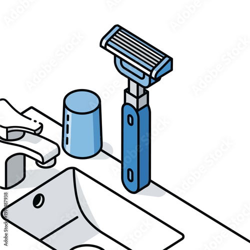 Illustration of a blue safety razor and shaving accessories on a white background.