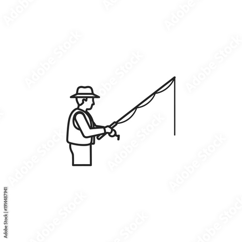 Minimalist Line Drawing of a Person Fishing with a Rod on White Background