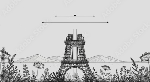 eiffel tower sketch, paris landscape, floral illustration, black and white