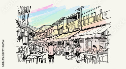 Street scene sketch, people walking, market stalls, colorful sky, urban life