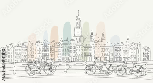 amsterdam cityscape with bicycles, dutch architecture and bridge