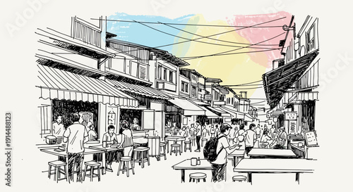 Street scene sketch, outdoor cafe, people dining, black and white illustration