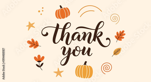 Thank you autumn greeting card, fall pumpkins and leaves