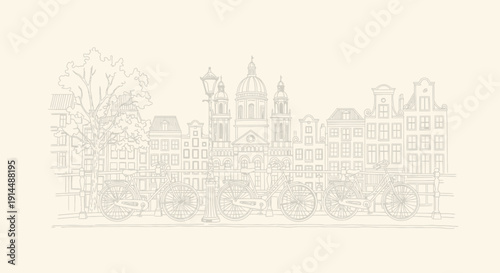 amsterdam skyline bicycle sketch, dutch architecture, travel illustration