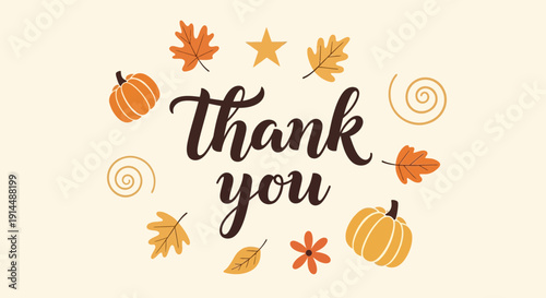 Thanksgiving autumn greeting card, fall leaves, pumpkins, thank you message