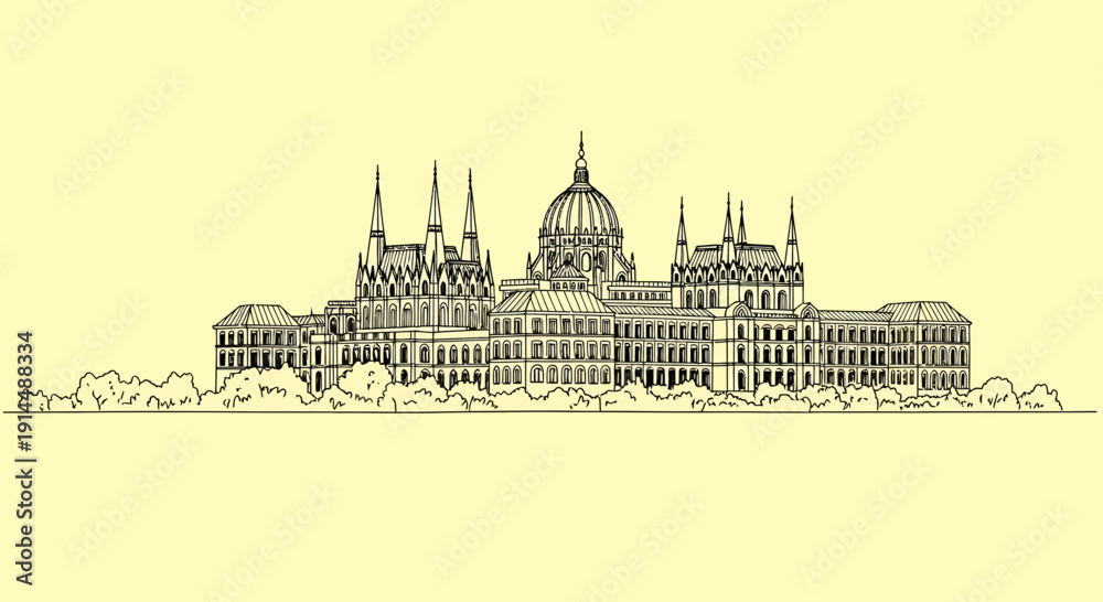Naklejka premium budapest parliament building, hungarian architecture, black and white sketch