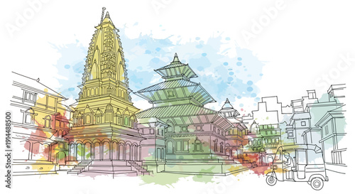 Kathmandu Durbar Square watercolor illustration, Nepal temples