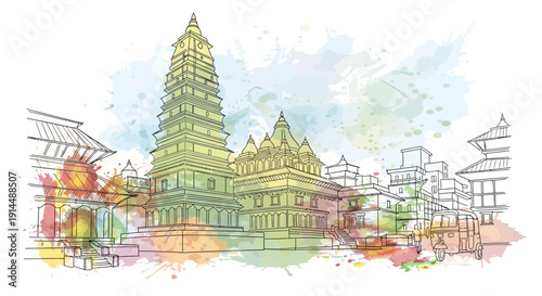 Watercolor illustration of Kathmandu temple, Nepal