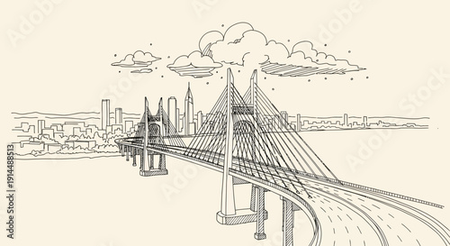 cable-stayed bridge sketch over river, cityscape background