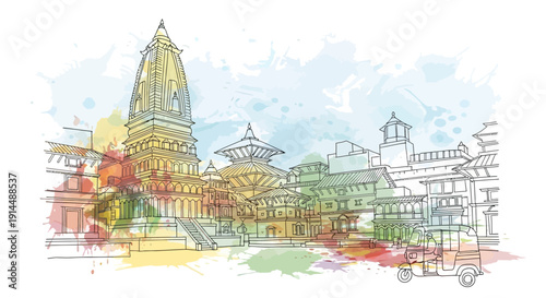 watercolor painting of patan durbar square, nepal