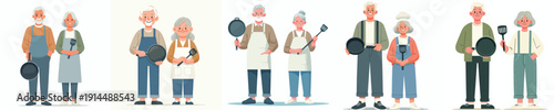 vector of old couple standing next to each other holding kitchen tools