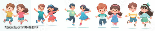 vector of two children jumping happily together holding hands