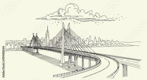 bridge architecture sketch, cityscape view with highway and skyline