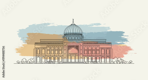 architectural drawing of a building with a dome and colorful background