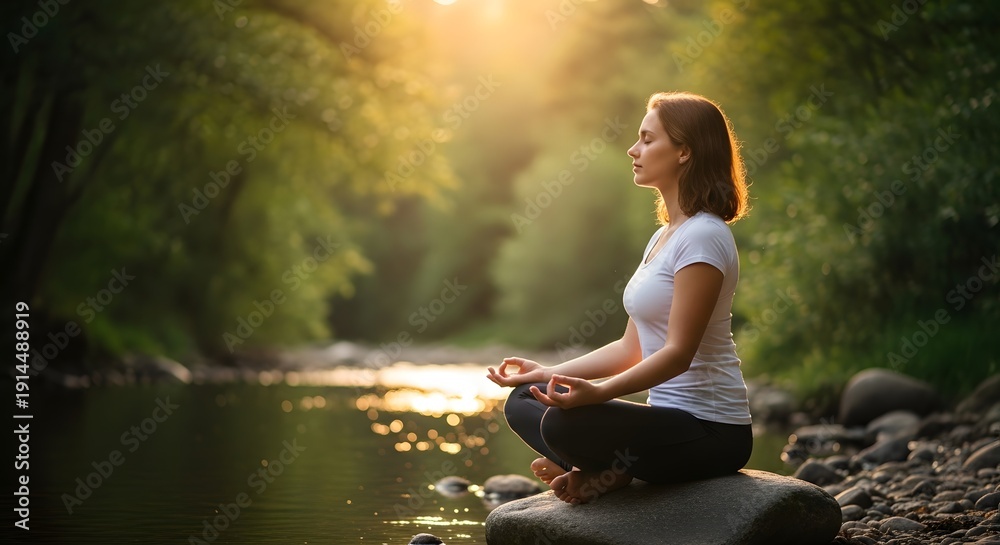 Fototapeta premium Young woman meditating outdoors in nature at golden hour