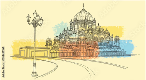 architectural sketch with colorful accents, domes and street lamp