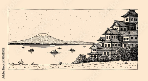 japanese landscape drawing, traditional architecture, boats on lake