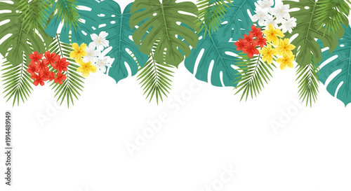 tropical leaves border, floral design, white background