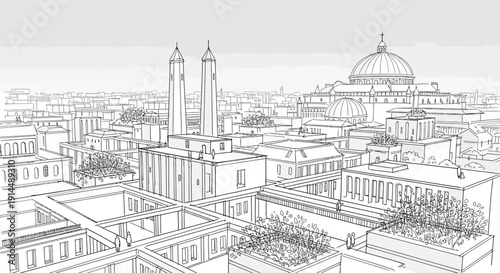 cityscape architecture sketch, urban skyline, buildings and structures